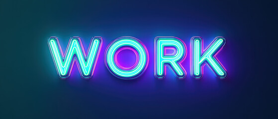 Neon word WORK glowing in vibrant colors, creating futuristic and energetic atmosphere