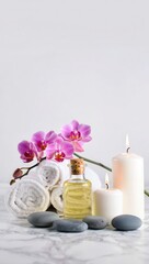 Spa day relaxation essential oils candles towels stones