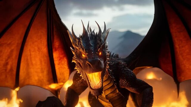 Fierce winged dragon breathing intense fire flames amid a fantasy landscape with mountain peaks in the background