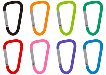 シンプルなカラビナのイラストセット。8色のカラーバリエーション。