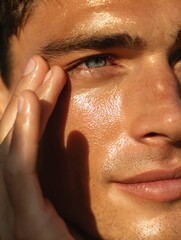 Honey-toned man outdoors applying serum, natural light beauty promotion, fresh look.