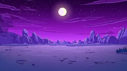 Purple night landscape with barren ground, jagged rocks, bare trees, bright moon, and starry sky