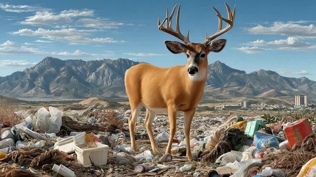Deer's Predicament: A deer stands amidst a landfill with a backdrop of mountains and a bright blue sky, symbolizing the impact of environmental problems.