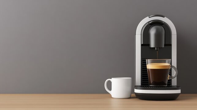 A modern coffee machine brewing espresso beside a white mug on a wooden countertop against a gray wall.