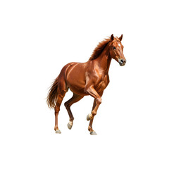 Obraz premium Brown horse trotting forward mid-stride, showcasing elegance, speed, and grace in motion.