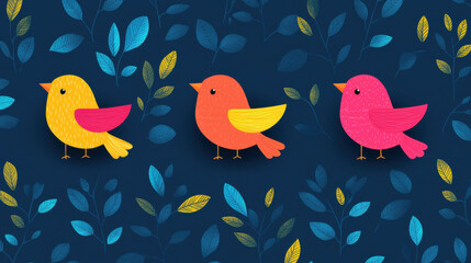 Obraz premium Colorful birds with vibrant leaves create cheerful and playful atmosphere in this whimsical design