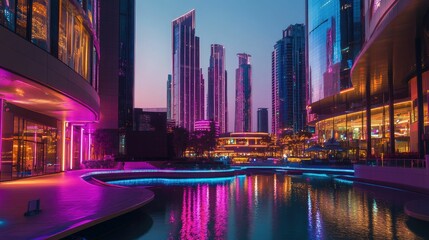 Obraz premium Night cityscape, illuminated buildings, water reflections.