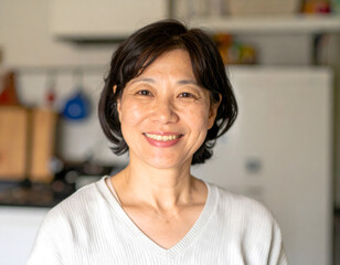 6明るいキッチンを背景に、笑顔の50代女性　Generative AI