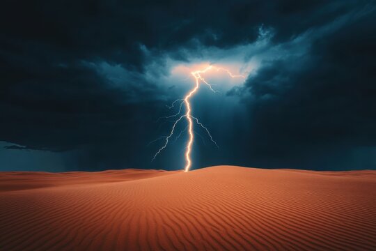 A powerful lightning bolt strikes a vast, rippled desert under dramatic storm clouds. - Powered by Adobe