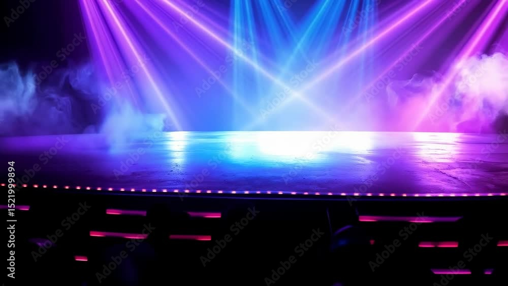 Poster stage illuminated with blue lights and a misty atmosphere, creating a dynamic and visually striking 