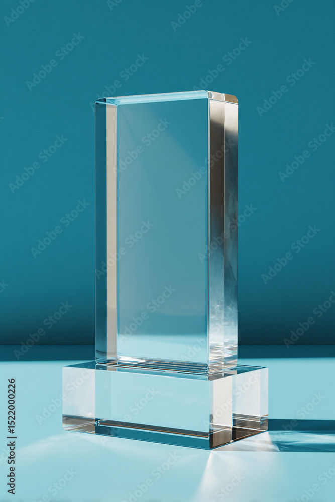 Poster a crystal clear block sitting on a smaller crystal block against a blue background in studio lightin