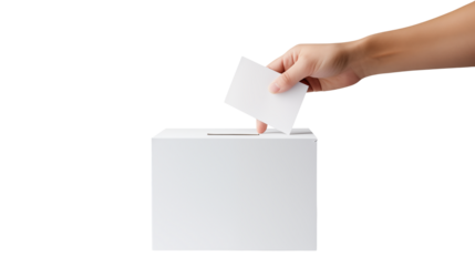 Hand placing a ballot into a white ballot box on black back