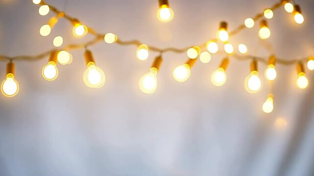 Softly glowing string lights on a pale background create a warm, inviting atmosphere