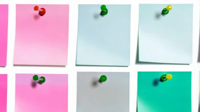 Animated close-up of a colorful sticky notes with push pins on a white surface, ideal for office messages and reminders