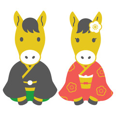 午の夫婦の年賀状素材用アイコンイラスト