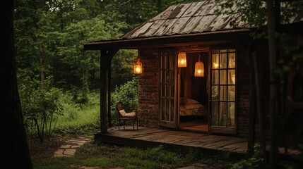 A Cozy Illuminated Cabin Resides Within Lush Green Forest Foliage