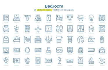 Bedroom line icon pack. Bedroom Stroke icon set. Editable Stroke icon