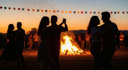 Silhouettes of couples dancing by a bonfire at sunset during a festive celebration, festa junina, são joão