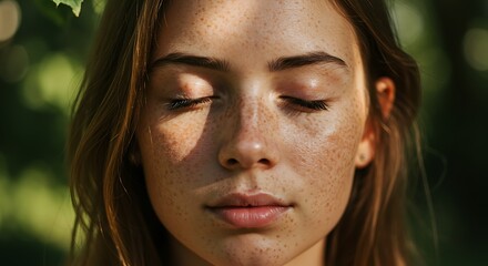 Close-up of a young woman meditating, eyes closed with sunlight filtering through leaves onto her freckled face, detailed skin texture and loose hair strands blowing slightly