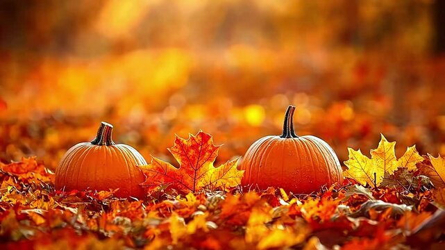 Two pumpkins nestled in a bed of colorful autumn leaves, bathed in warm sunlight