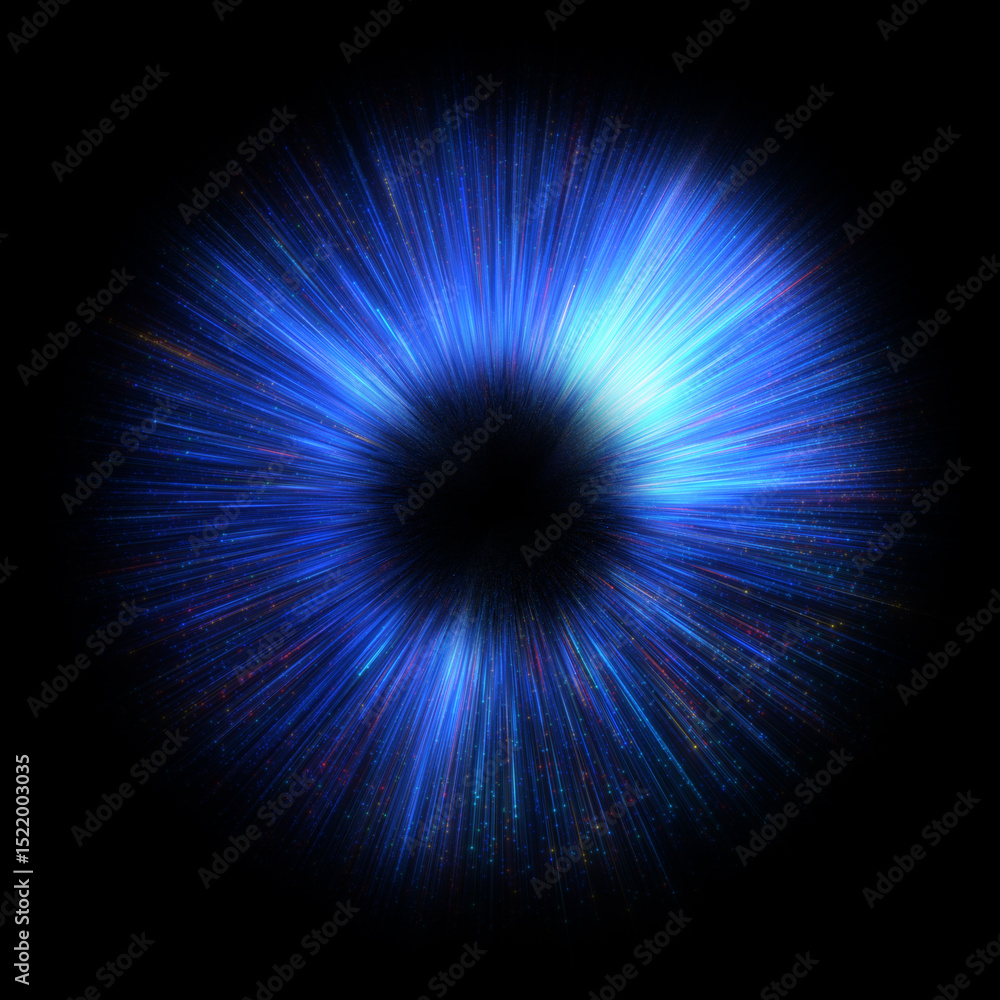 Poster cosmic iris or eye, with glowing blue light rays and colorful particles emanating from a central bla