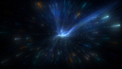 Warp speed space travel through a dynamic, abstract cosmos. Streams of light and stars rush past, visual of interstellar flight, highlighting a central energy field in deep space. 3D render