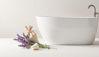 Modern bathtub with lavender flowers and natural decor elements  