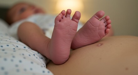Touching close-up of a newborn's feet resting on their mother's stomach, stretch marks and C-section scar visible, warm bedroom light creating intimate atmosphere