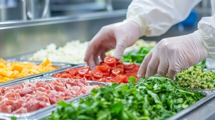 sterile environment cooking concept. Precision in Healthcare: Gloved Hands Organizing Ingredients on Sterile Tray for Hospital-Grade Food Prep