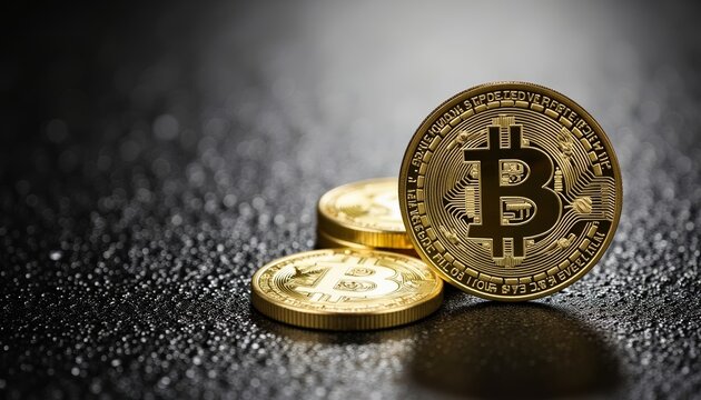 Gold Bitcoin coins with logo on dark background   - Powered by Adobe