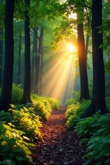 Serene forest scene at dawn Sunlight filters through leaves, illuminating a tranquil path Perfect for nature, travel, and environmental themes , morning, environment