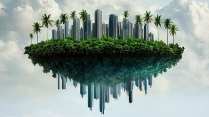 A futuristic city with skyscrapers reflecting in the water below