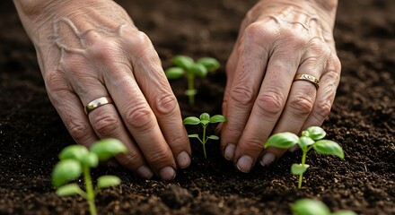 Ultra-detailed macro of wrinkled hands planting basil seedlings in soil, dirt under nails, gold wedding band glinting, sunlight highlighting life lines and veins