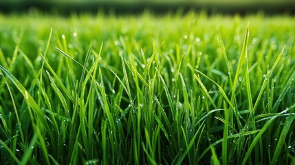 Fototapeta premium Lush green grass blades with water droplets in soft focus