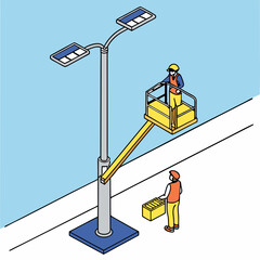 Worker performing maintenance on a solar-powered street light using a hydraulic lift under clear blue sky 
