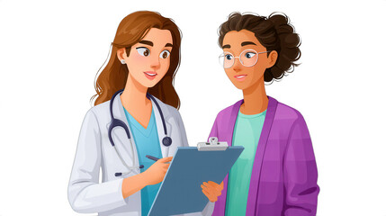 Friendly doctor consulting with a patient, discussing health and wellness, animated style, emphasizing communication and care in a medical setting.
