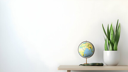 Pixelated Globe And Plant On Wooden Table Against White Background