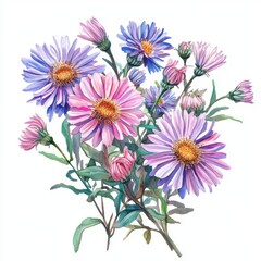 Obraz premium Watercolor Painting of Purple and Pink Aster Flower Bouquet