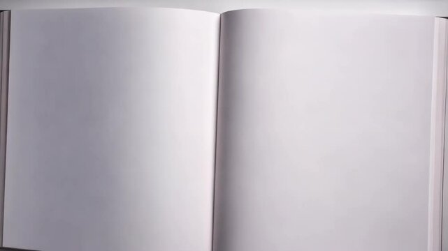 Open blank book double page spread lying flat on a white surface ready for text, artwork, or designs to be added.