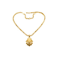 A golden heart necklace with a small charm attached