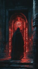 Hooded figure approaches glowing, ancient doorway.
