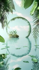 Obraz premium digital technology blue lake green leaves booth illustration poster background