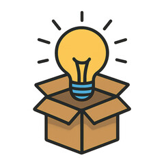 A glowing light bulb emerges from an open cardboard box, symbolizing creativity and new ideas.