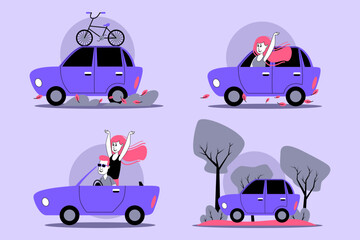 Two friends enjoying road trip in vibrant cars, one with bicycle on top. People expressing excitement while driving through scenic landscape filled with trees and leaves