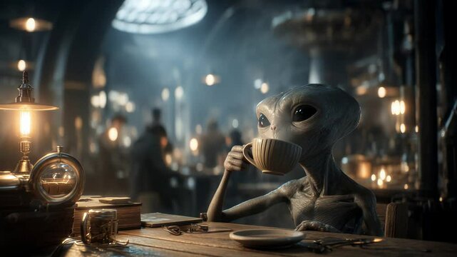 Alien Relaxing in a Cozy Caf Setting
