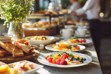 plates of colorful breakfast food on table