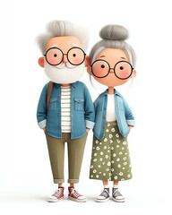 Charming Senior Couple: A delightful illustration of an elderly couple, standing close together, showcasing their love and companionship.  They exude warmth and happiness.