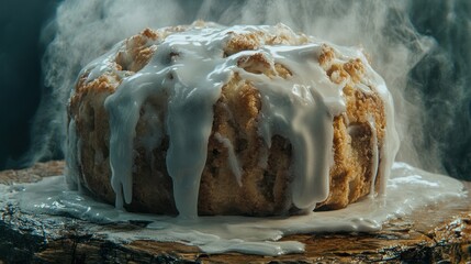 Fototapeta premium A fresh baked cake with white icing presented on a wooden board