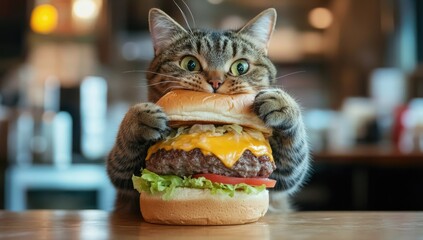 Hungry Cat Devouring Huge Burger with Lettuce
