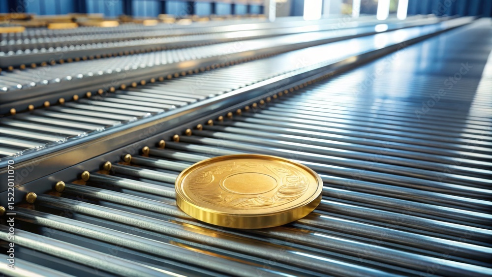 Poster industrial conveyor belt with shrinking object in a warehouse setting